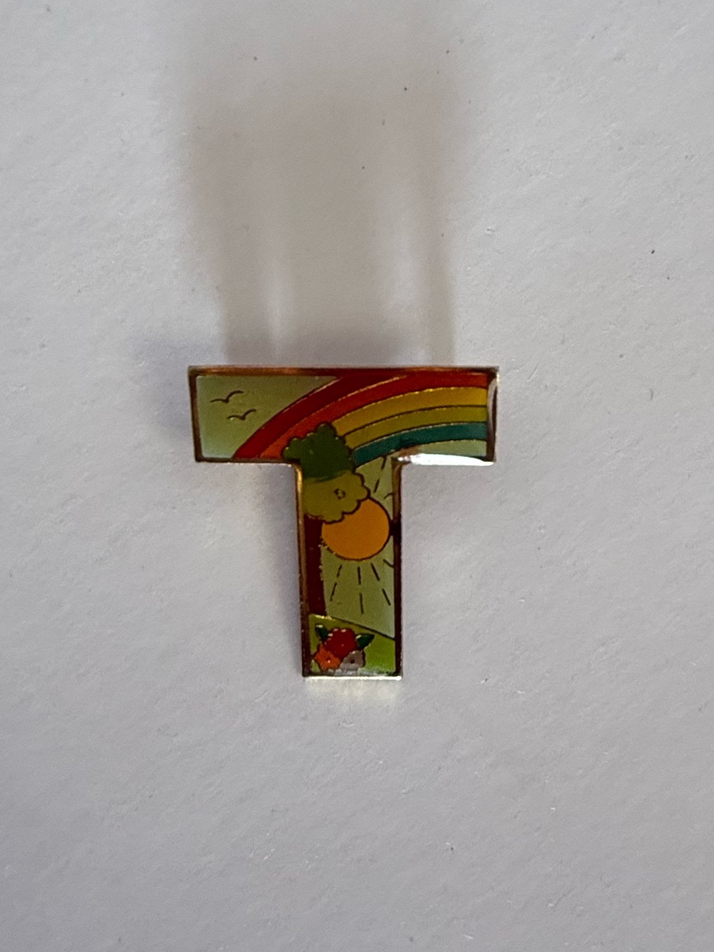 VTG Rainbow Letter “T” Brooch w Gold Sun Tree Flowers Sky Bird Country Landscape